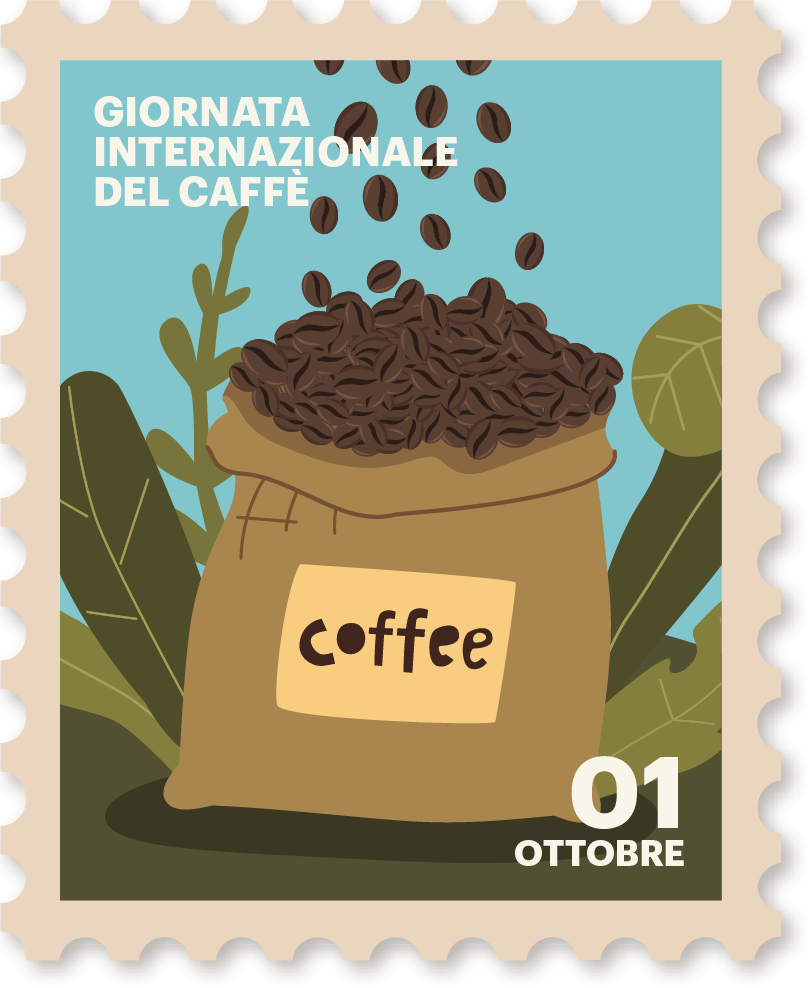 "Sacchetto di caffè pieno di chicchi con chicchi che cadono dall’alto su sfondo di foglie verdi, testo 'Giornata Internazionale del Caffè 01 Ottobre'."
