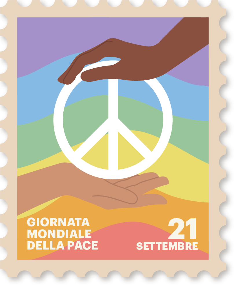 "Due mani di colore diverso che tengono il simbolo della pace su sfondo colorato, con la scritta 'Giornata Mondiale della Pace 21 settembre'."