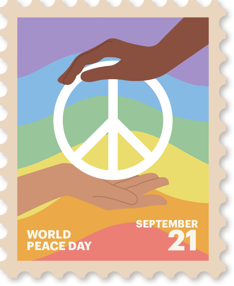 "Francobollo illustrato per il World Peace Day con due mani di colore diverso che si passano il simbolo della pace, su sfondo arcobaleno. Scritta: World Peace Day, September 21."