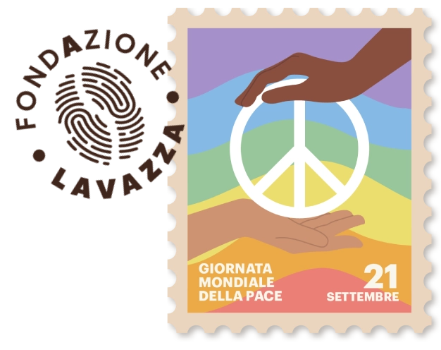 "Logo Fondazione Lavazza accanto a un francobollo illustrato per la Giornata Mondiale della Pace, con due mani e il simbolo della pace."