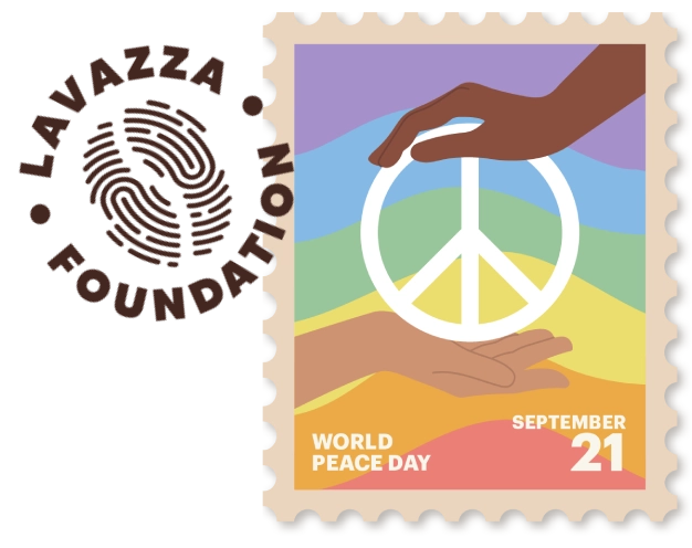 "Lavazza Foundation logo accanto a un francobollo illustrato per il World Peace Day, con due mani e il simbolo della pace."