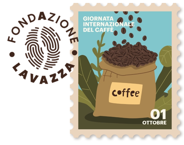 Francobollo illustrato della Giornata Internazionale del Caffè con logo Fondazione Lavazza, sacco di chicchi di caffè e data 1 ottobre.